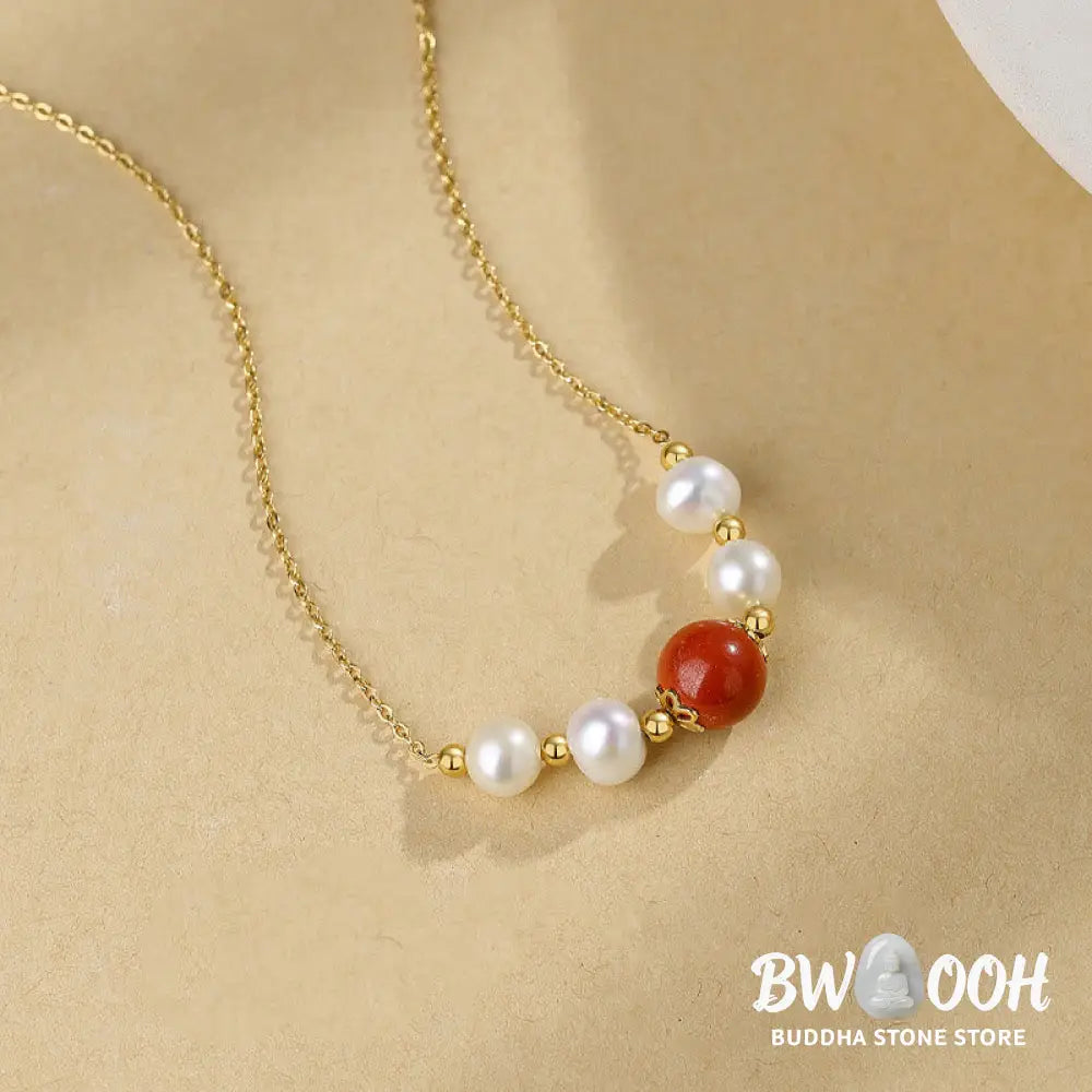Buddha Stones 925 Sterling Silver Pearl Cinnabar Sincerity Healing Bead Chain Necklace Pendant - BWOOOH