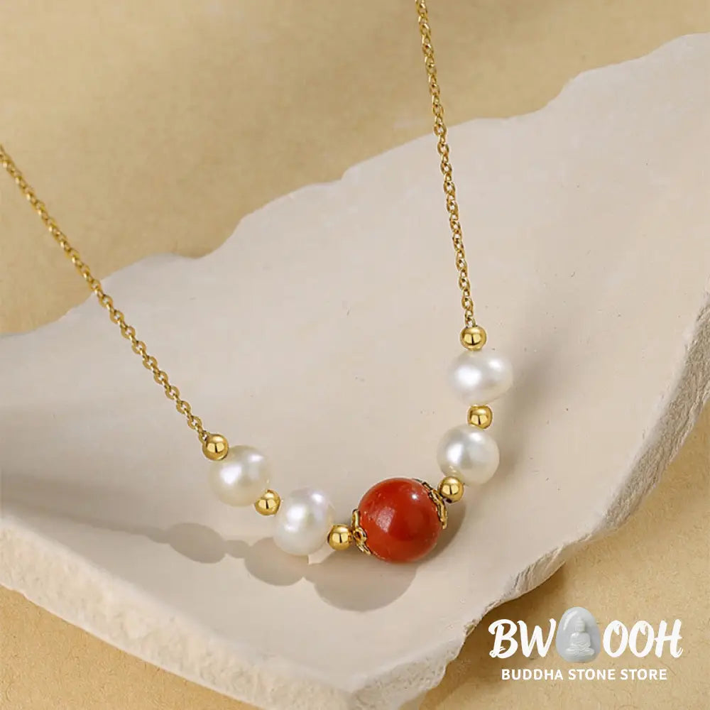 Buddha Stones 925 Sterling Silver Pearl Cinnabar Sincerity Healing Bead Chain Necklace Pendant - BWOOOH