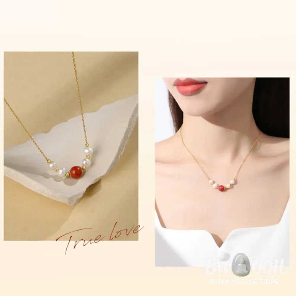 Buddha Stones 925 Sterling Silver Pearl Cinnabar Sincerity Healing Bead Chain Necklace Pendant - BWOOOH