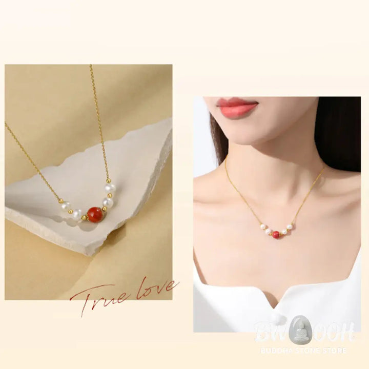 Buddha Stones 925 Sterling Silver Pearl Cinnabar Sincerity Healing Bead Chain Necklace Pendant - BWOOOH