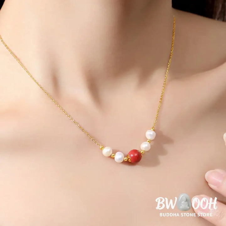 Buddha Stones 925 Sterling Silver Pearl Cinnabar Sincerity Healing Bead Chain Necklace Pendant - BWOOOH