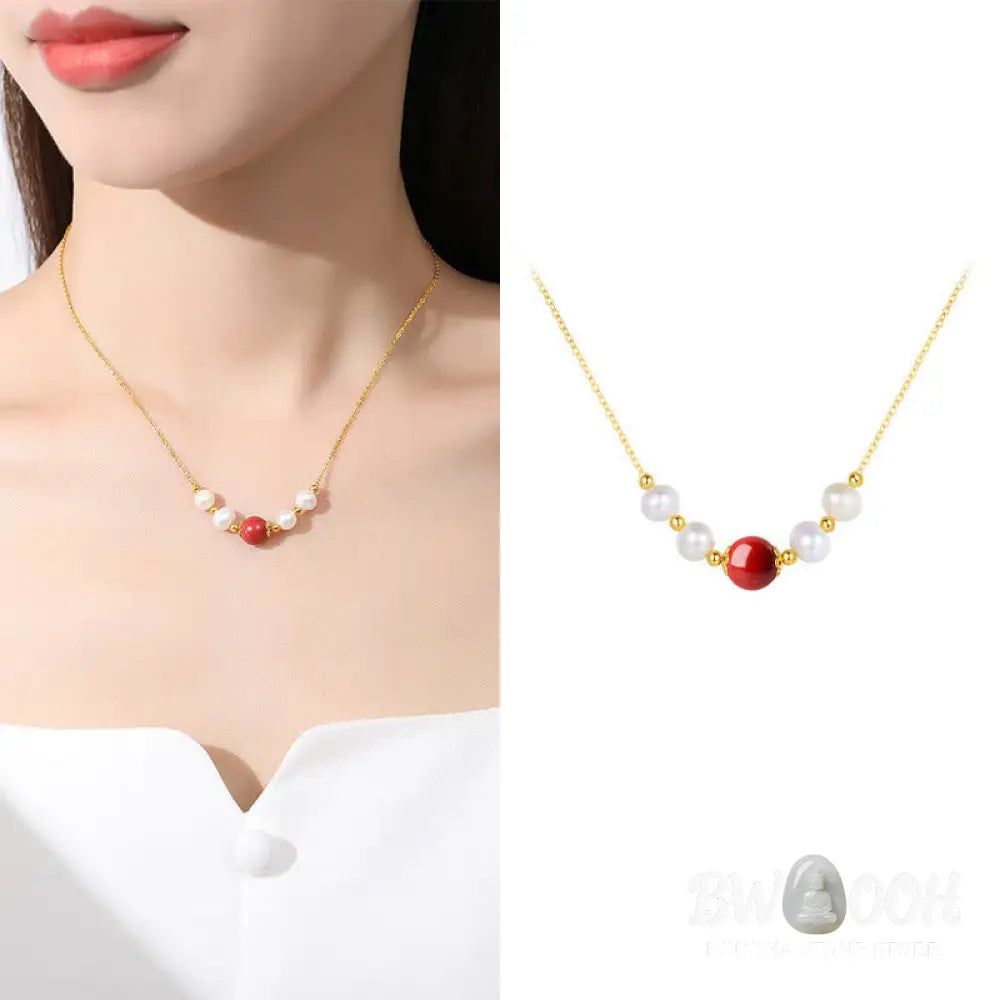 Buddha Stones 925 Sterling Silver Pearl Cinnabar Sincerity Healing Bead Chain Necklace Pendant - BWOOOH