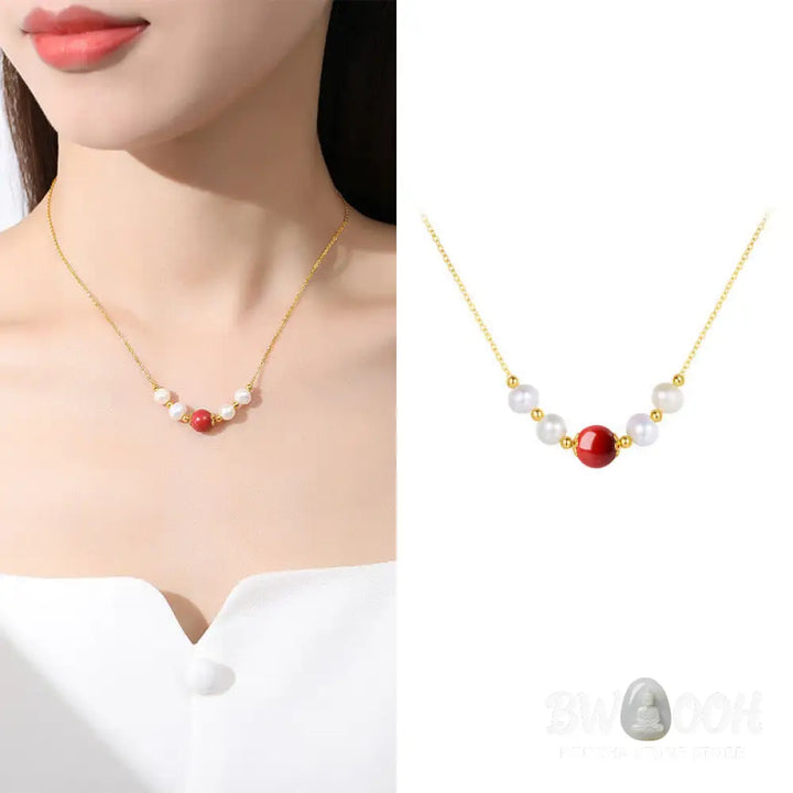 Buddha Stones 925 Sterling Silver Pearl Cinnabar Sincerity Healing Bead Chain Necklace Pendant - BWOOOH