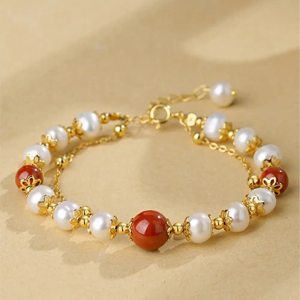 BWOOOH 925 Sterling Silver Pearl Cinnabar Wisdom Bead Double Layer Chain Bracelet - BWOOOH - Pearl&Cinnabar