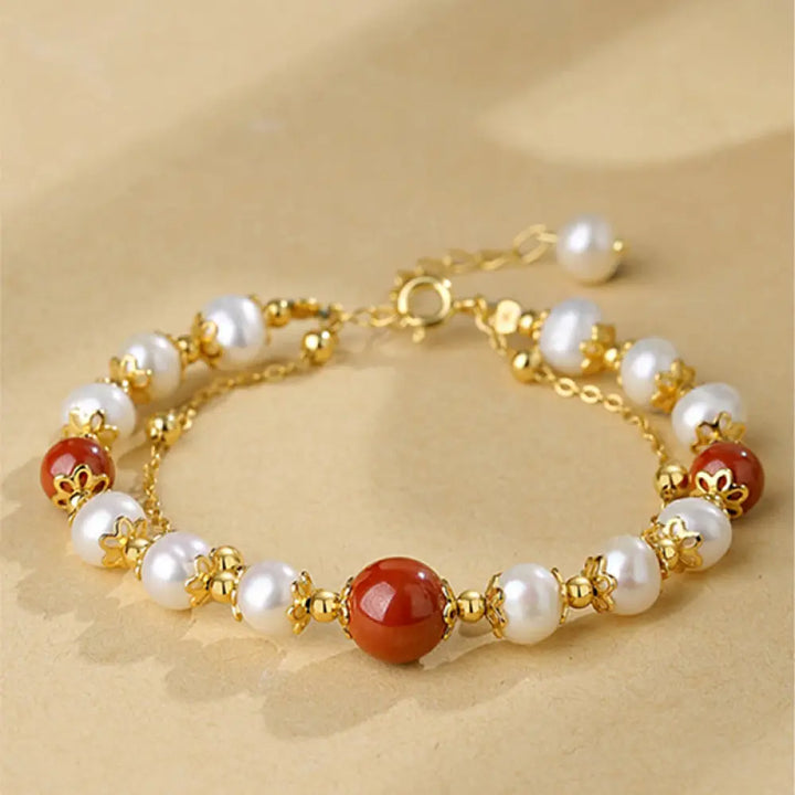 BWOOOH 925 Sterling Silver Pearl Cinnabar Wisdom Bead Double Layer Chain Bracelet - BWOOOH - Pearl&amp;Cinnabar
