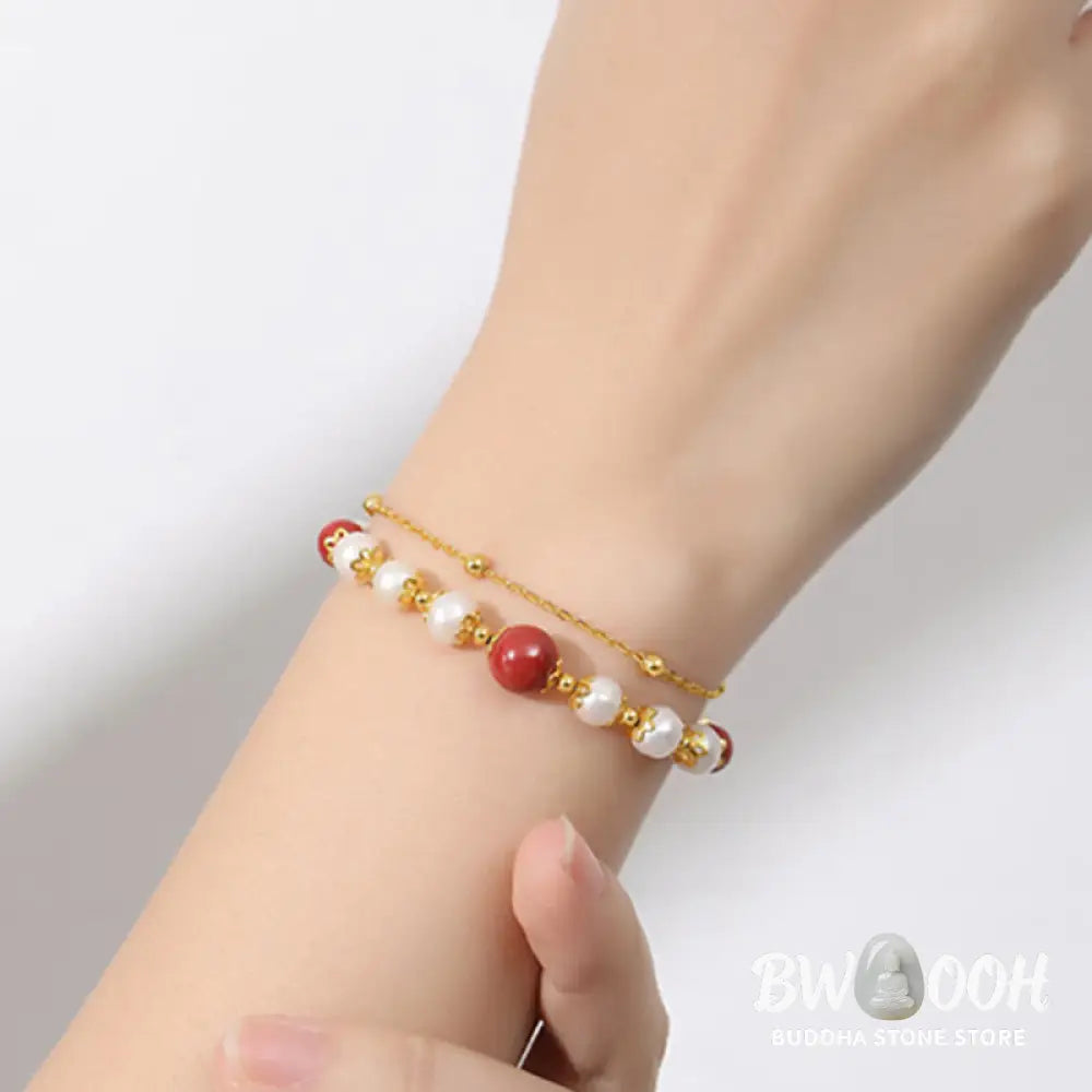 Buddha Stones 925 Sterling Silver Pearl Cinnabar Wisdom Bead Double Layer Chain Bracelet - BWOOOH - Pearl&amp;Cinnabar