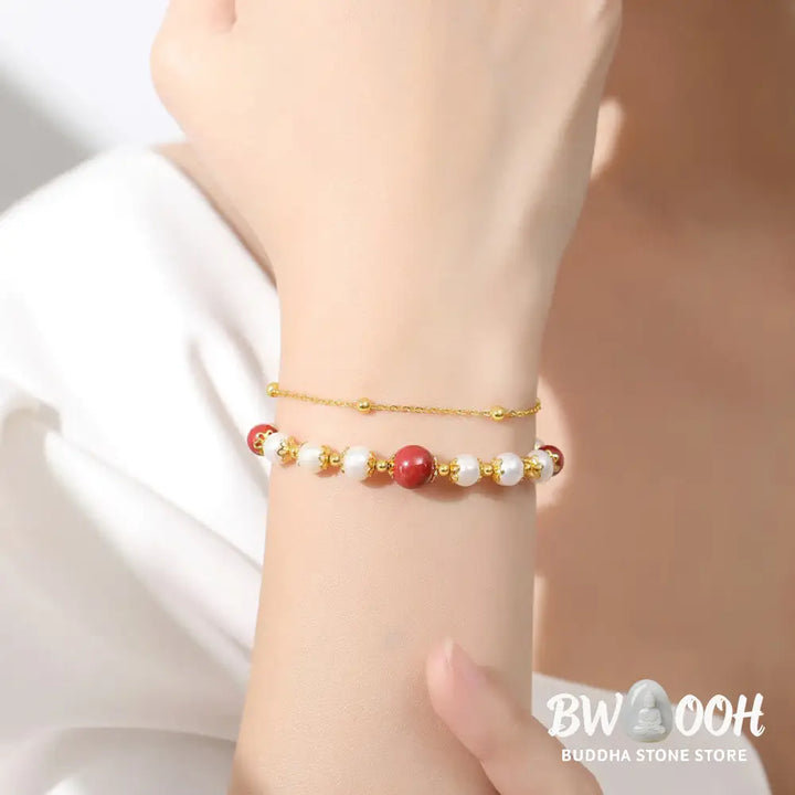 Buddha Stones 925 Sterling Silver Pearl Cinnabar Wisdom Bead Double Layer Chain Bracelet - BWOOOH - Pearl&amp;Cinnabar