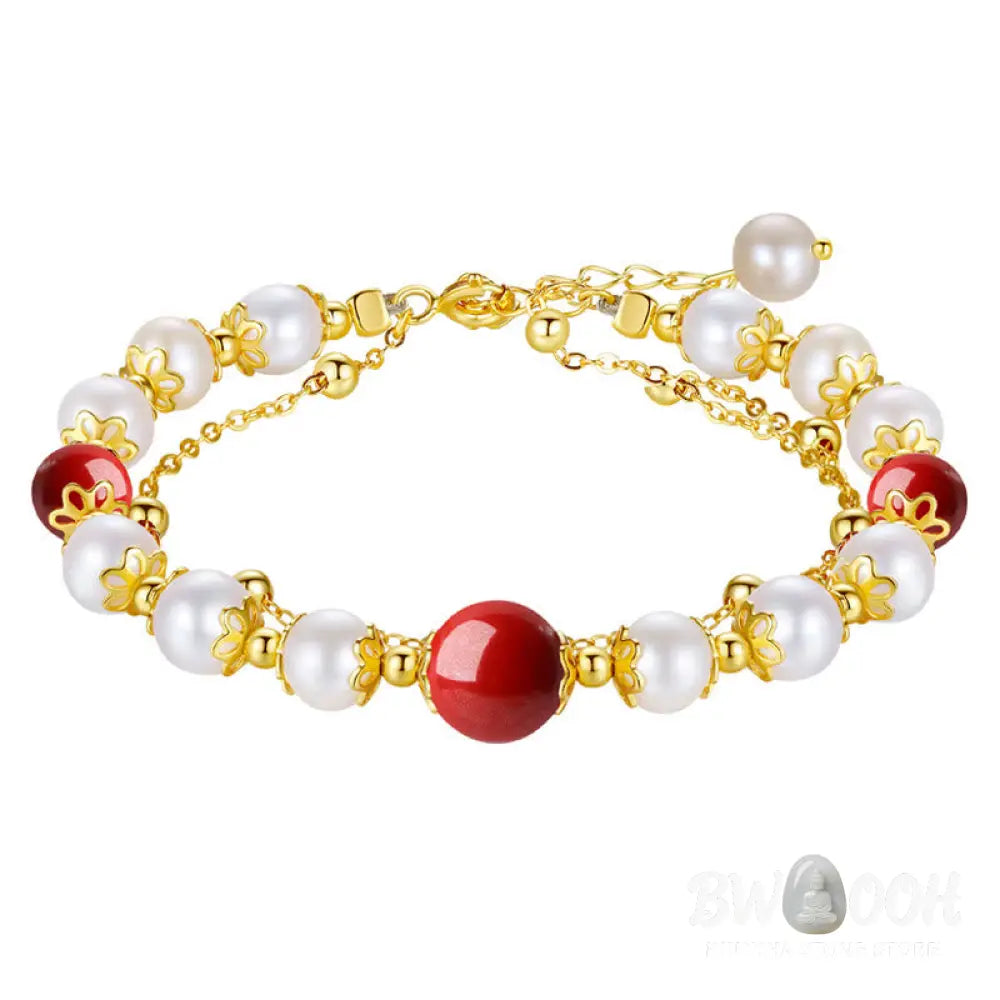 Buddha Stones 925 Sterling Silver Pearl Cinnabar Wisdom Bead Double Layer Chain Bracelet - BWOOOH - Pearl&amp;Cinnabar