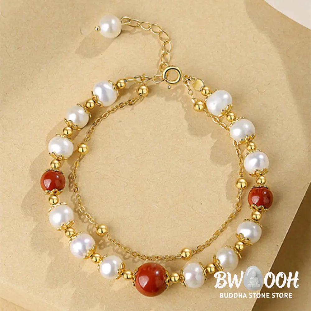 Buddha Stones 925 Sterling Silver Pearl Cinnabar Wisdom Bead Double Layer Chain Bracelet - BWOOOH - Pearl&amp;Cinnabar