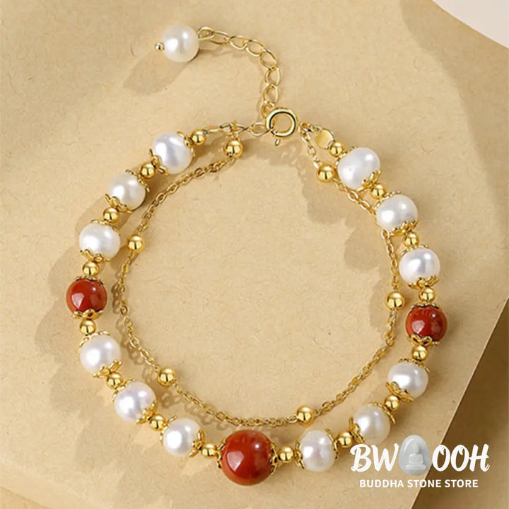 Buddha Stones 925 Sterling Silver Pearl Cinnabar Wisdom Bead Double Layer Chain Bracelet - BWOOOH - Pearl&amp;Cinnabar
