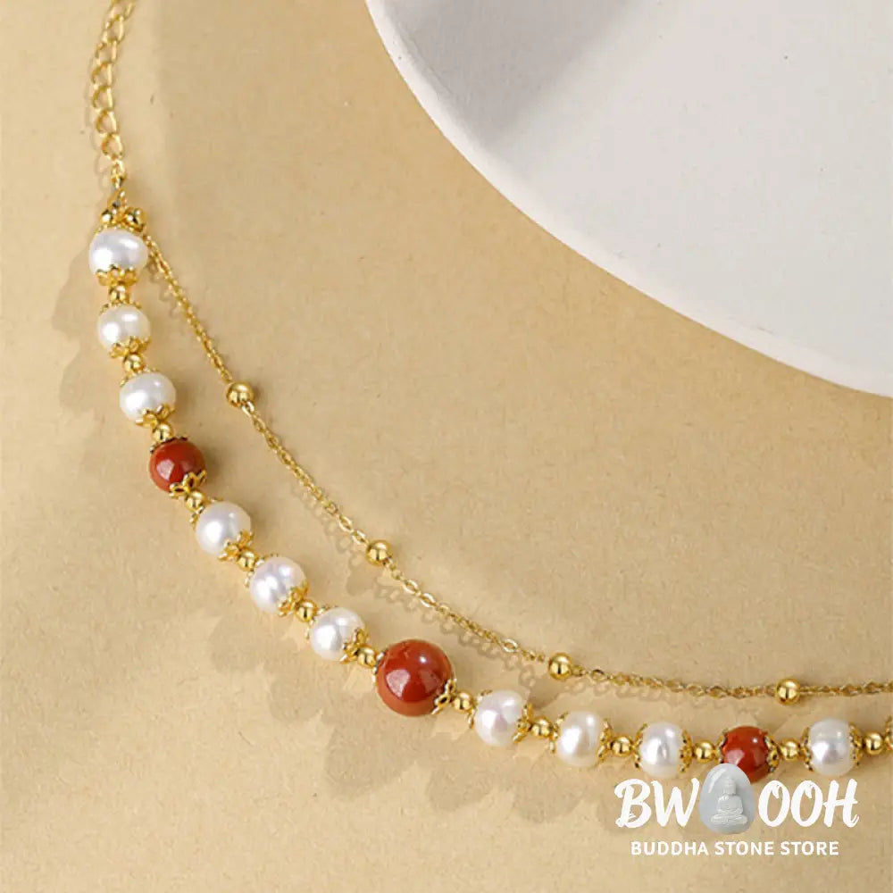 Buddha Stones 925 Sterling Silver Pearl Cinnabar Wisdom Bead Double Layer Chain Bracelet - BWOOOH - Pearl&amp;Cinnabar
