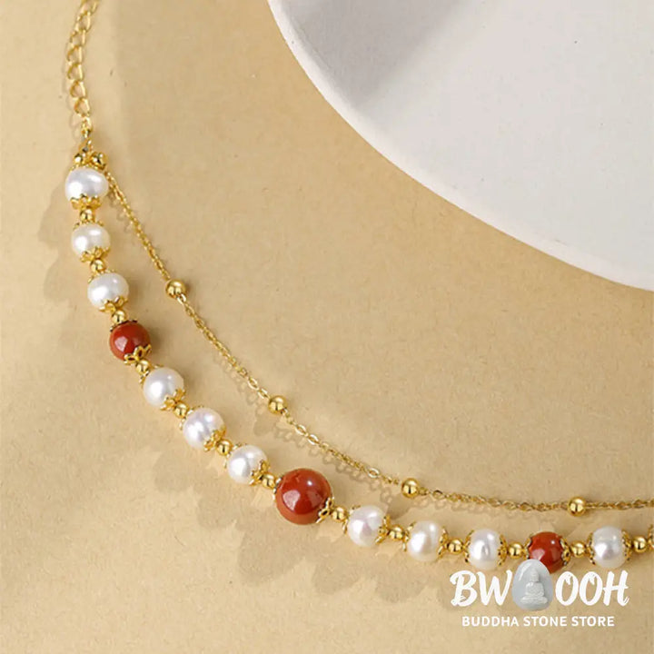 Buddha Stones 925 Sterling Silver Pearl Cinnabar Wisdom Bead Double Layer Chain Bracelet - BWOOOH - Pearl&amp;Cinnabar
