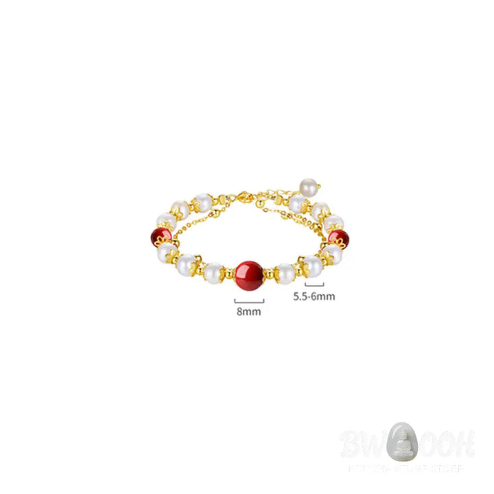 Buddha Stones 925 Sterling Silver Pearl Cinnabar Wisdom Bead Double Layer Chain Bracelet - BWOOOH - Pearl&amp;Cinnabar