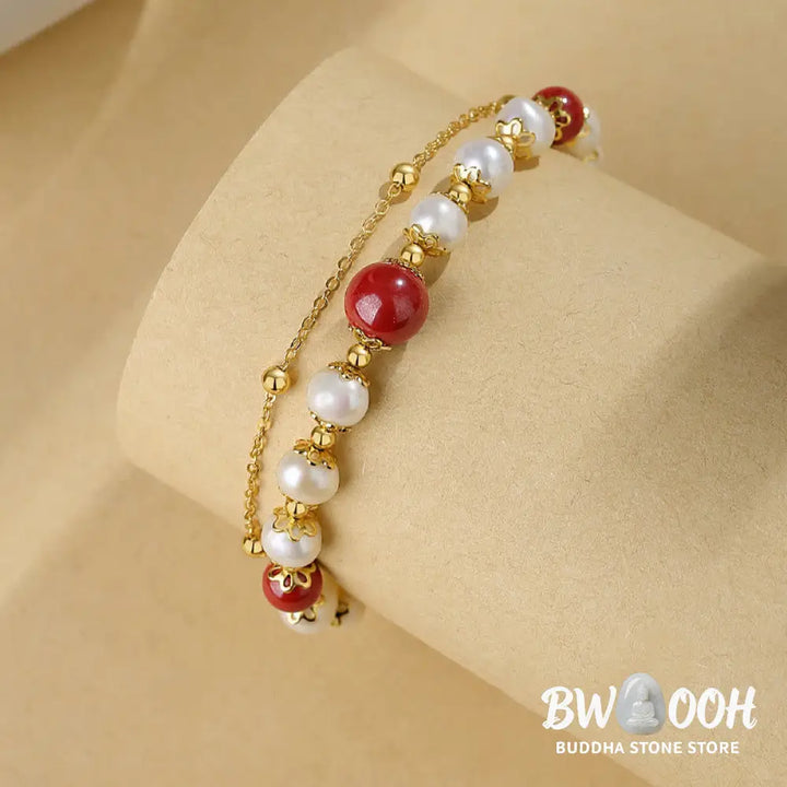 Buddha Stones 925 Sterling Silver Pearl Cinnabar Wisdom Bead Double Layer Chain Bracelet - BWOOOH - Pearl&amp;Cinnabar