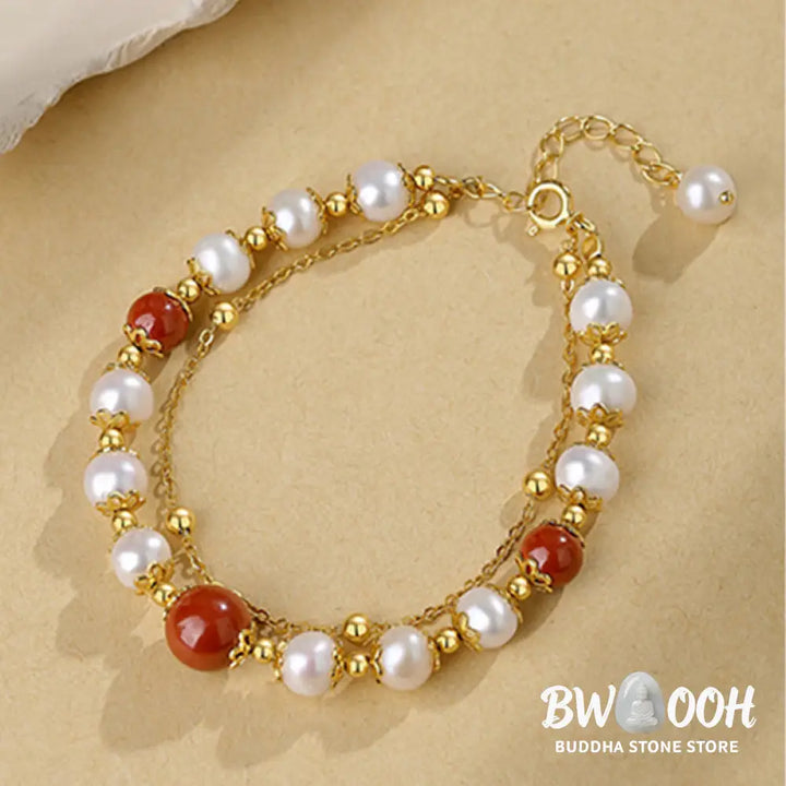 Buddha Stones 925 Sterling Silver Pearl Cinnabar Wisdom Bead Double Layer Chain Bracelet - BWOOOH - Pearl&amp;Cinnabar