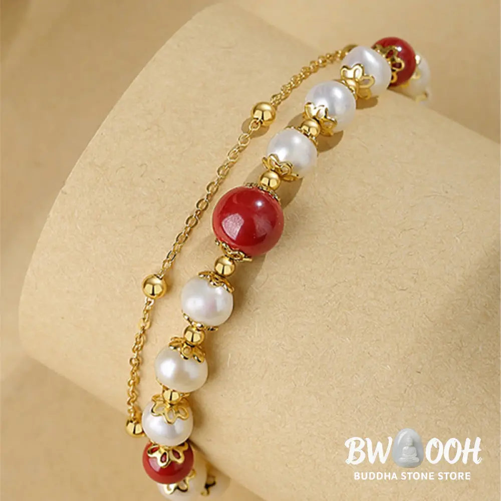 Buddha Stones 925 Sterling Silver Pearl Cinnabar Wisdom Bead Double Layer Chain Bracelet - BWOOOH - Pearl&amp;Cinnabar