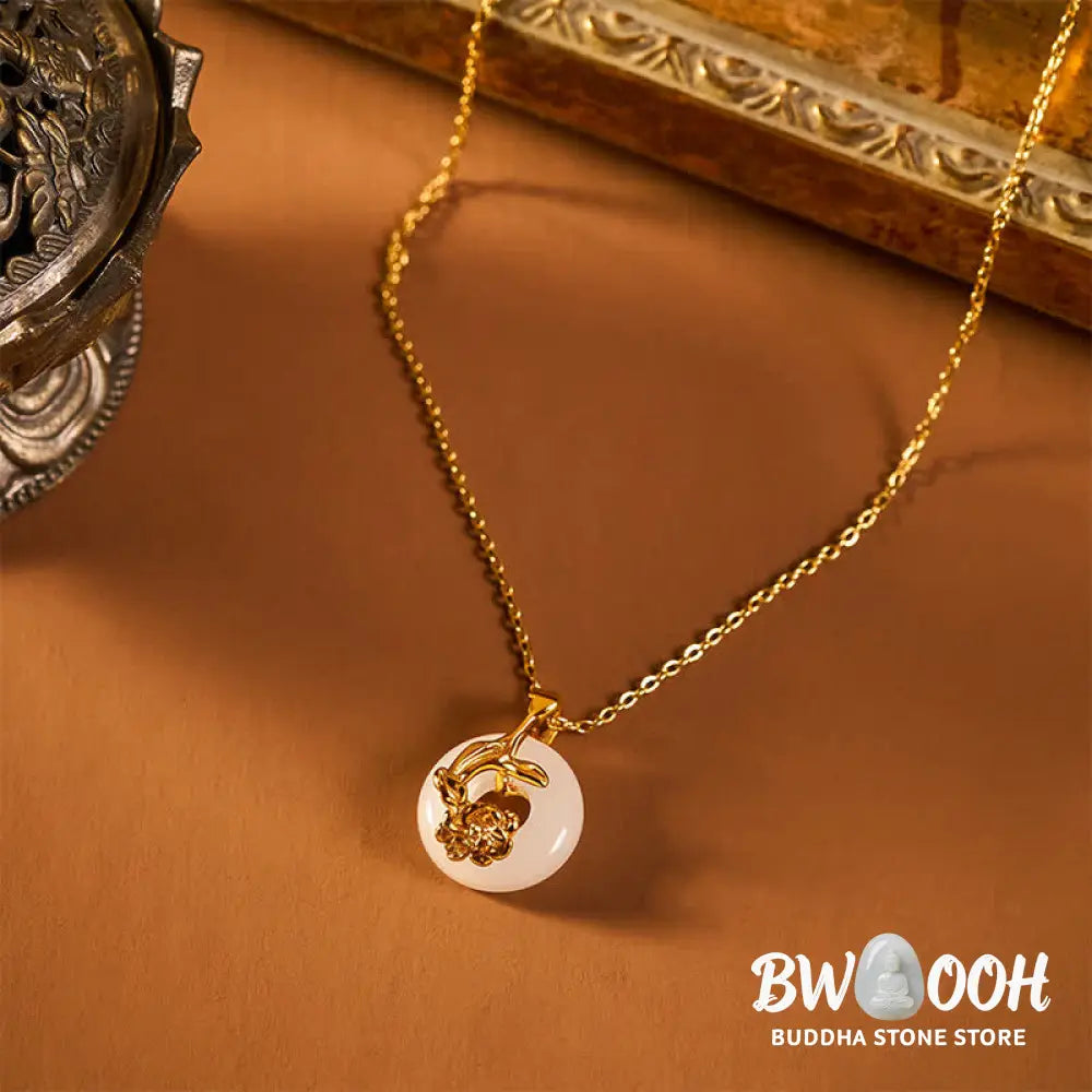 Buddha Stones 925 Sterling Silver Peony Peace Buckle Hetian White Jade Blessing Necklace Pendant - BWOOOH - Peony&amp;Peace