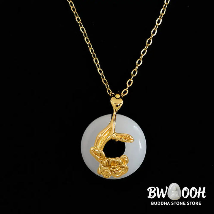 Buddha Stones 925 Sterling Silver Peony Peace Buckle Hetian White Jade Blessing Necklace Pendant - BWOOOH - Peony&amp;Peace