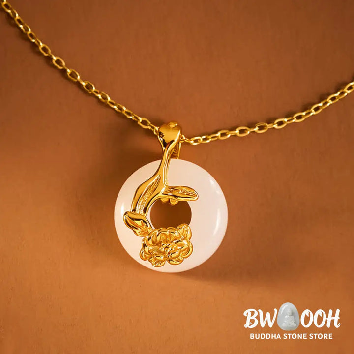 Buddha Stones 925 Sterling Silver Peony Peace Buckle Hetian White Jade Blessing Necklace Pendant - BWOOOH - Peony&amp;Peace