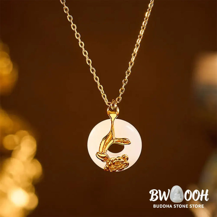 Buddha Stones 925 Sterling Silver Peony Peace Buckle Hetian White Jade Blessing Necklace Pendant - BWOOOH - Peony&amp;Peace