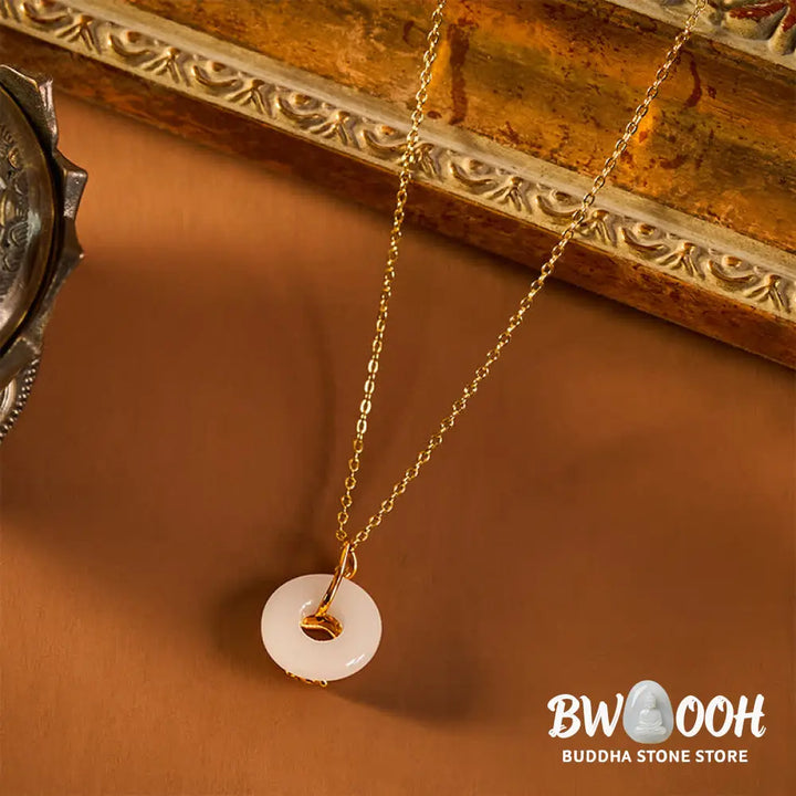 Buddha Stones 925 Sterling Silver Peony Peace Buckle Hetian White Jade Blessing Necklace Pendant - BWOOOH - Peony&amp;Peace