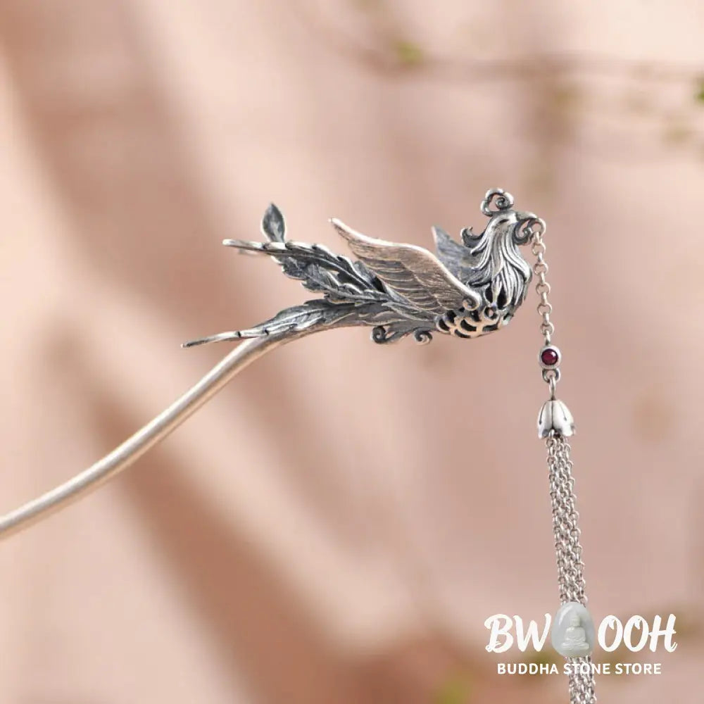 Buddha Stones 925 Sterling Silver Phoenix Tassels Protection Hairpin - Phoenix Hairpin - Hairpin