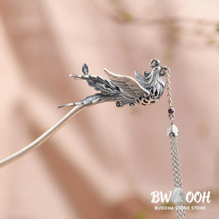 Buddha Stones 925 Sterling Silver Phoenix Tassels Protection Hairpin - Phoenix Hairpin - Hairpin