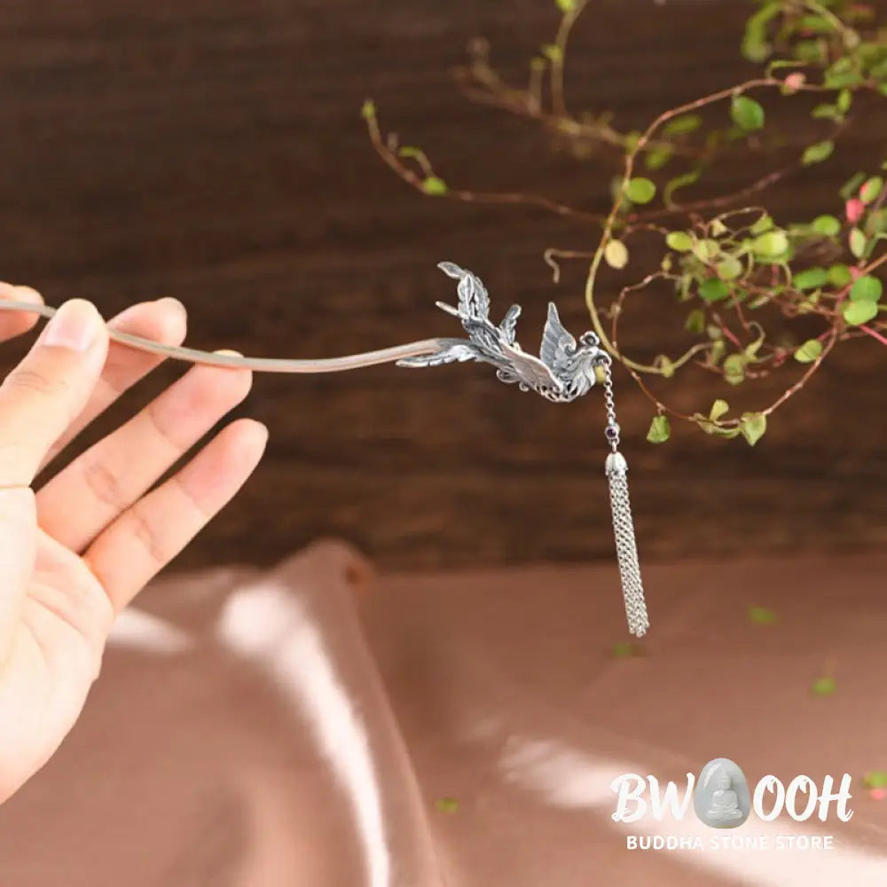 Buddha Stones 925 Sterling Silver Phoenix Tassels Protection Hairpin - Phoenix Hairpin - Hairpin