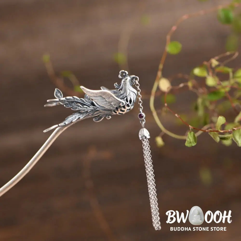 Buddha Stones 925 Sterling Silver Phoenix Tassels Protection Hairpin - Phoenix Hairpin - Hairpin