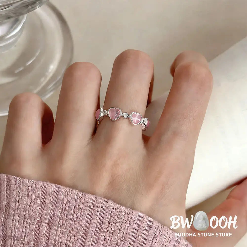 Buddha Stones 925 Sterling Silver Pink Cat’s Eye Heart Design Adjustable Love Ring - Cat’s Eye(Peace♥Support)