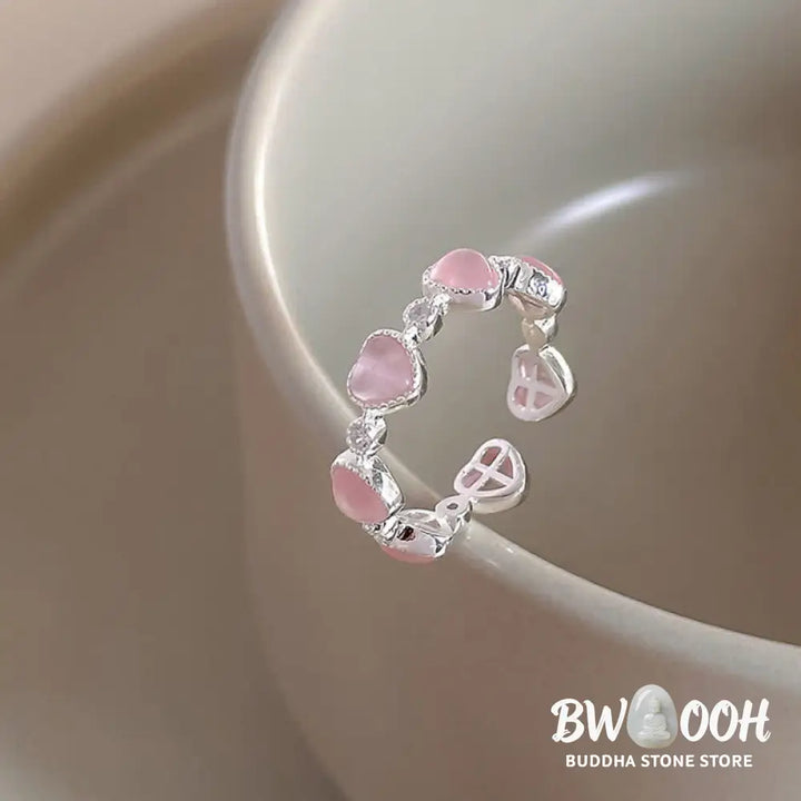 Buddha Stones 925 Sterling Silver Pink Cat’s Eye Heart Design Adjustable Love Ring - Cat’s Eye(Peace♥Support)