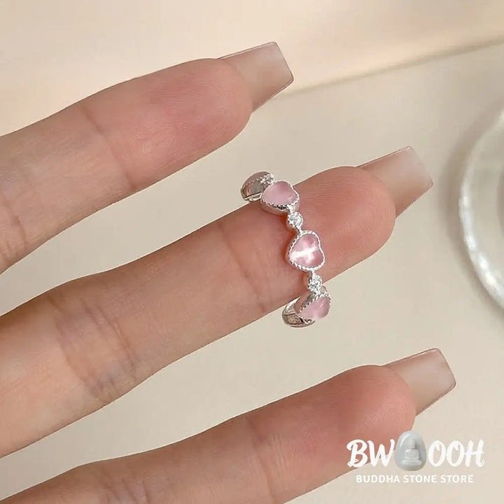 Buddha Stones 925 Sterling Silver Pink Cat’s Eye Heart Design Adjustable Love Ring - Cat’s Eye(Peace♥Support)