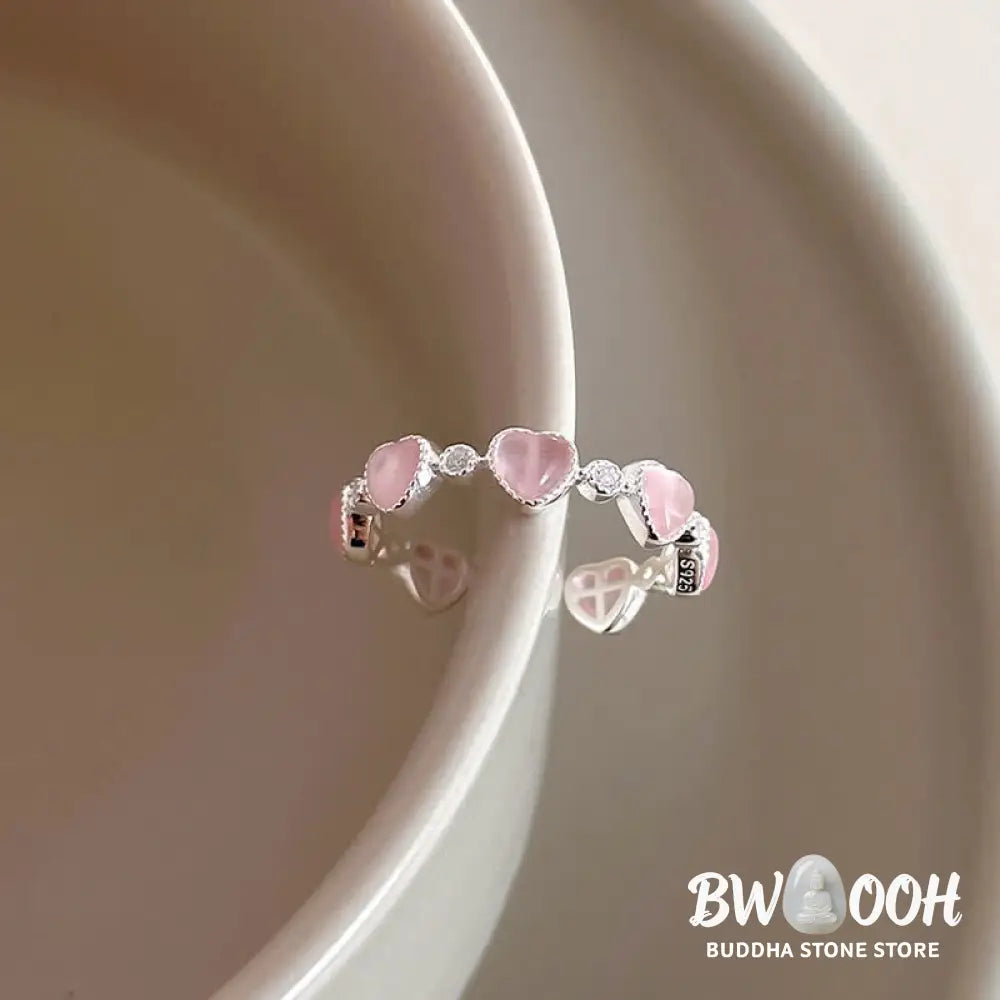 Buddha Stones 925 Sterling Silver Pink Cat’s Eye Heart Design Adjustable Love Ring - Cat’s Eye(Peace♥Support)
