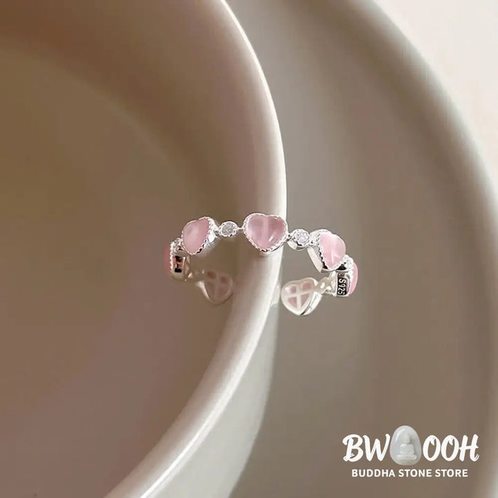 Buddha Stones 925 Sterling Silver Pink Cat’s Eye Heart Design Adjustable Love Ring - Cat’s Eye(Peace♥Support)
