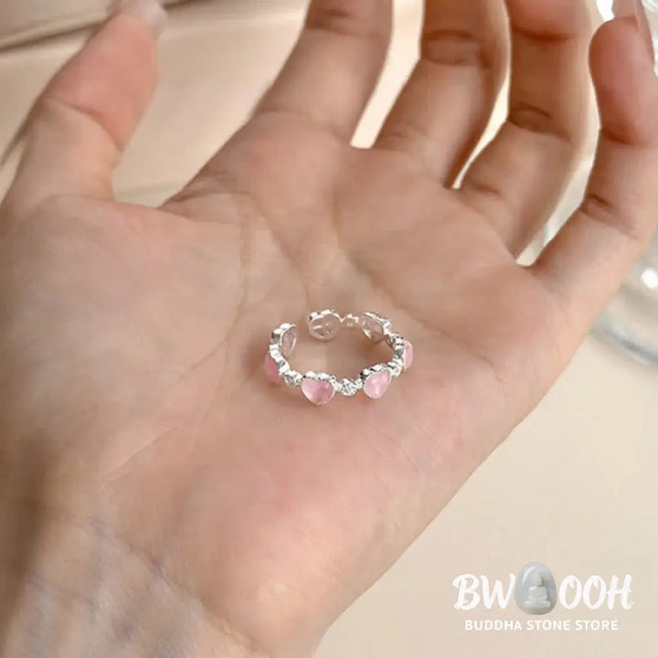 Buddha Stones 925 Sterling Silver Pink Cat’s Eye Heart Design Adjustable Love Ring - Cat’s Eye(Peace♥Support)