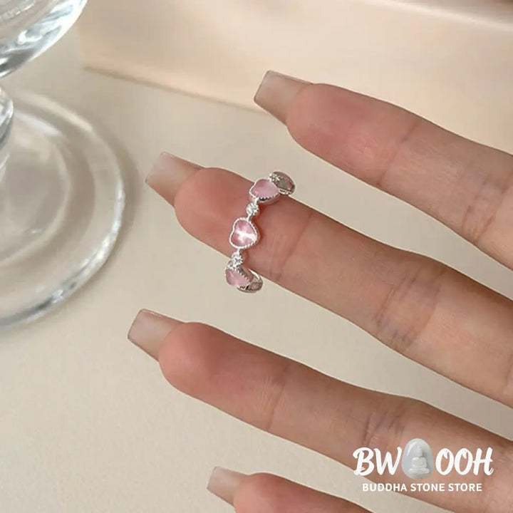 Buddha Stones 925 Sterling Silver Pink Cat’s Eye Heart Design Adjustable Love Ring - Cat’s Eye(Peace♥Support)