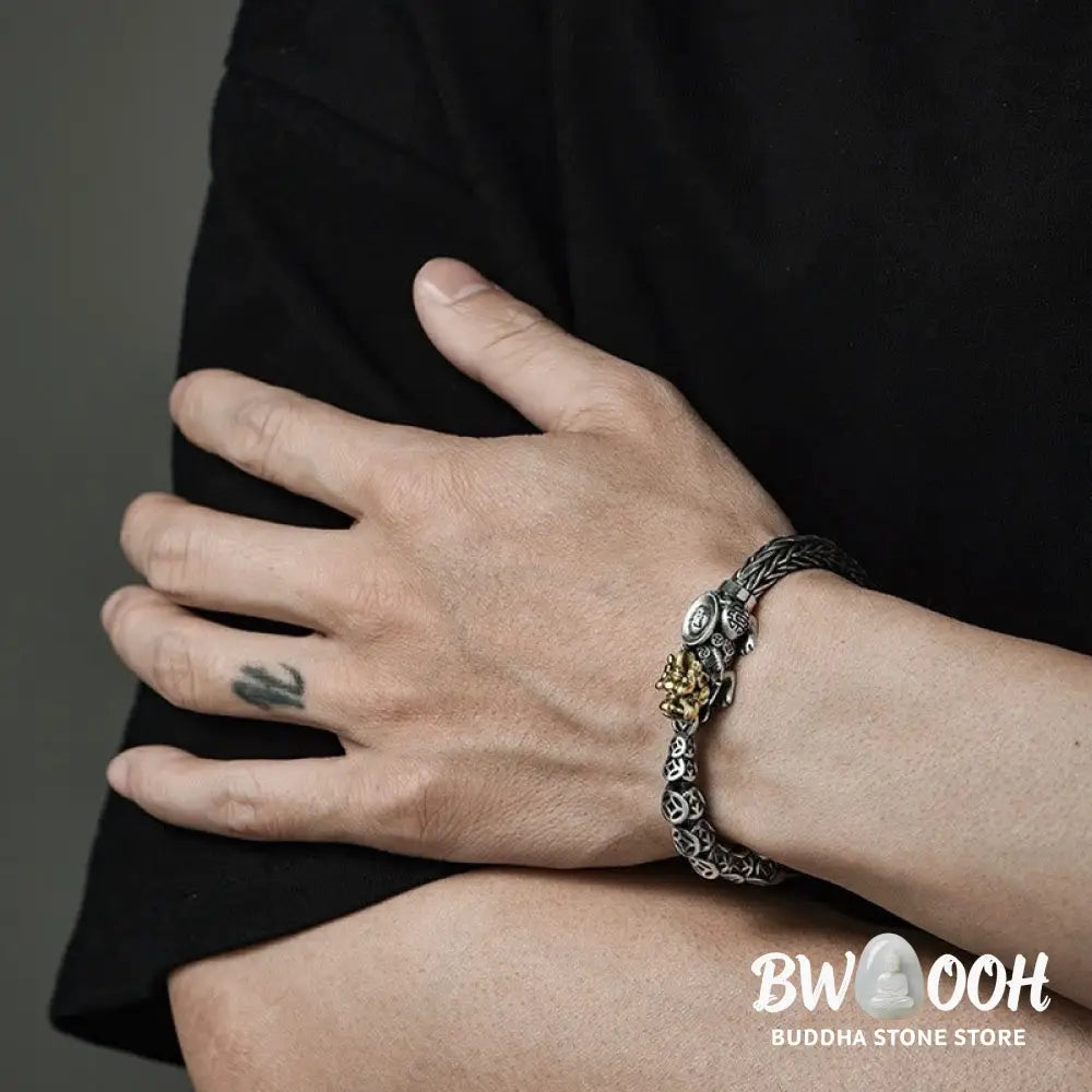 Buddha Stones 925 Sterling Silver PiXiu Copper Coins Ingot Wealth Bracelet Bangle - BWOOOH - Bracelet Bangle