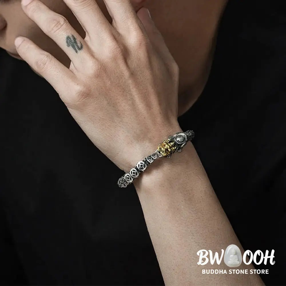 Buddha Stones 925 Sterling Silver PiXiu Copper Coins Ingot Wealth Bracelet Bangle - BWOOOH - Bracelet Bangle