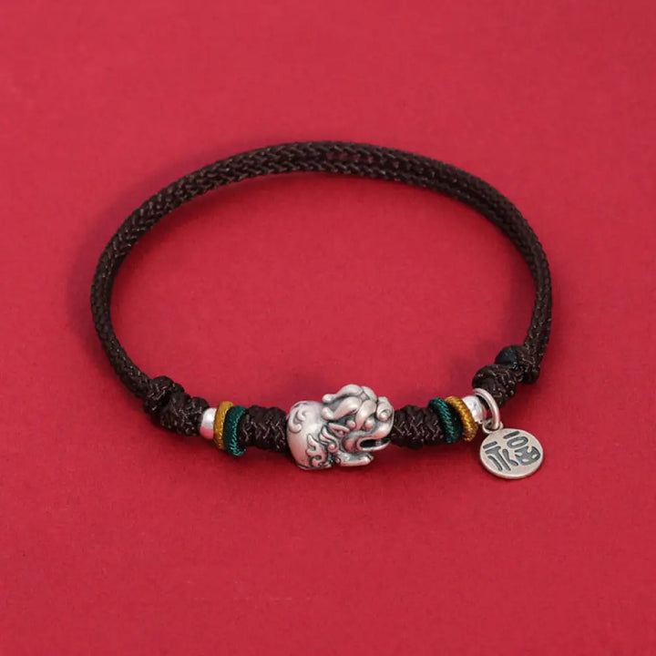 Buddha Stones 925 Sterling Silver PiXiu Fu Character Wealth Luck Handmade Braided Bracelet - BWOOOH - Brown Rope(Wrist