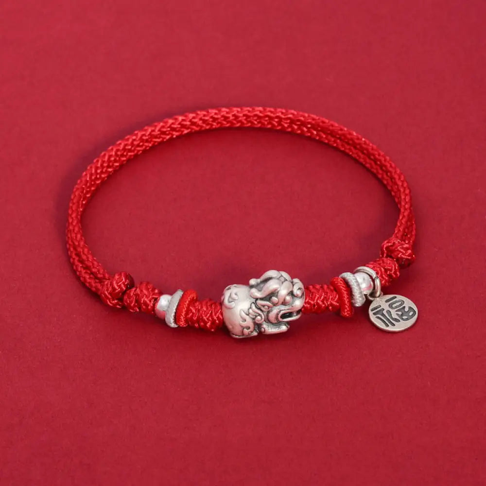 Buddha Stones 925 Sterling Silver PiXiu Fu Character Wealth Luck Handmade Braided Bracelet - BWOOOH - Red Rope(Wrist