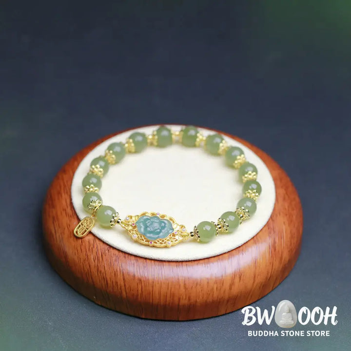 Buddha Stones 925 Sterling Silver Plated 14K Gold Hetian Jade Lotus Luck Bracelet - BWOOOH - Hetian
