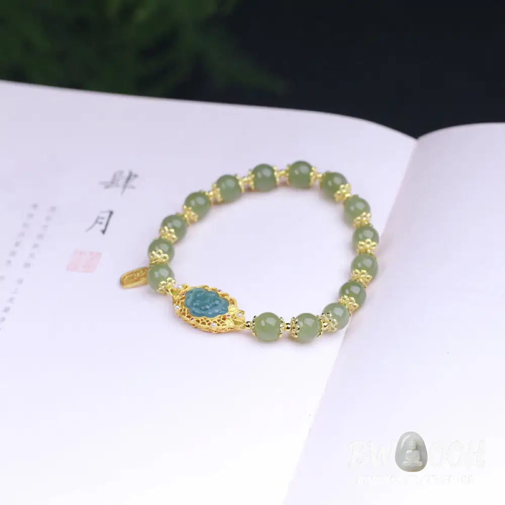 Buddha Stones 925 Sterling Silver Plated 14K Gold Hetian Jade Lotus Luck Bracelet - BWOOOH - Hetian