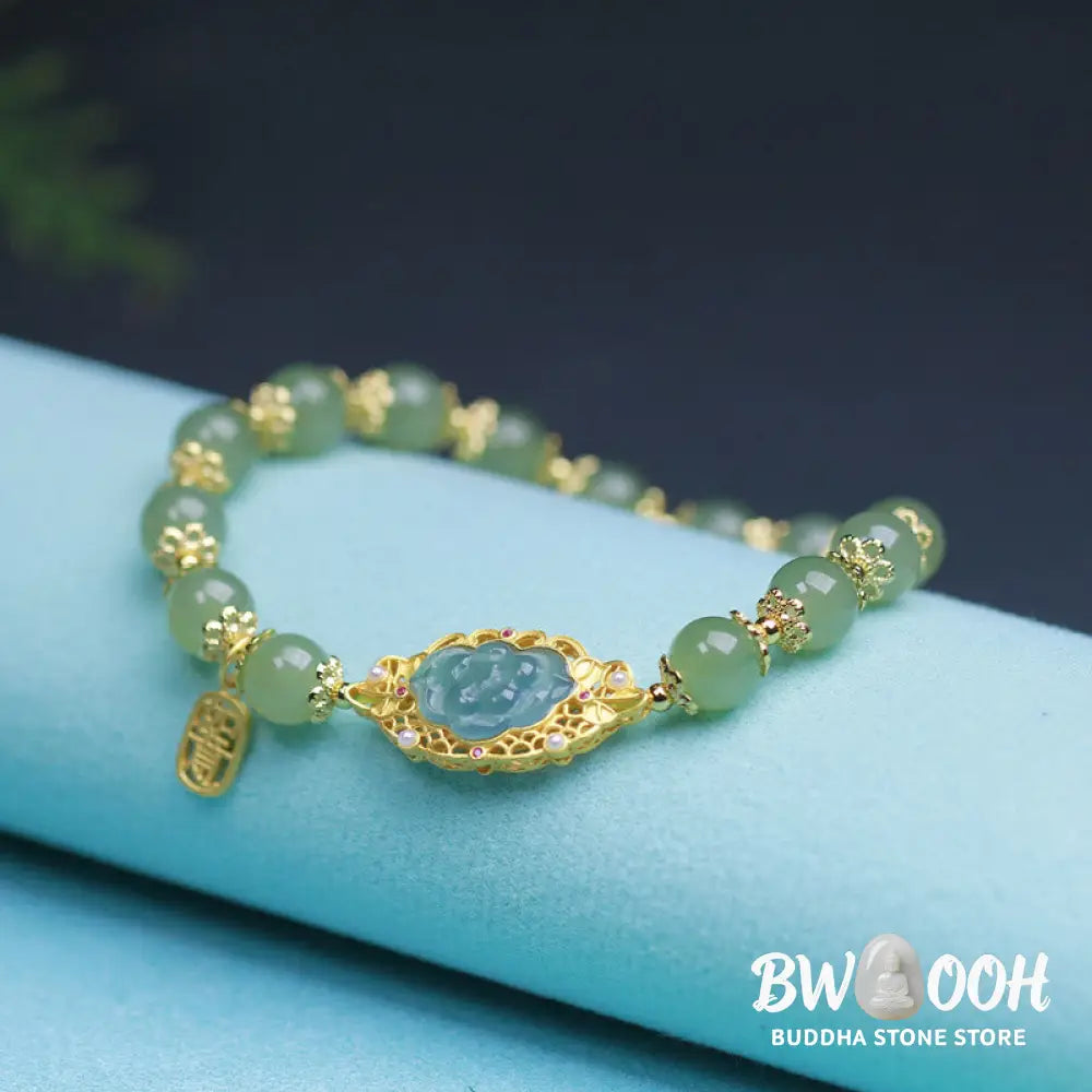 Buddha Stones 925 Sterling Silver Plated 14K Gold Hetian Jade Lotus Luck Bracelet - BWOOOH - Hetian