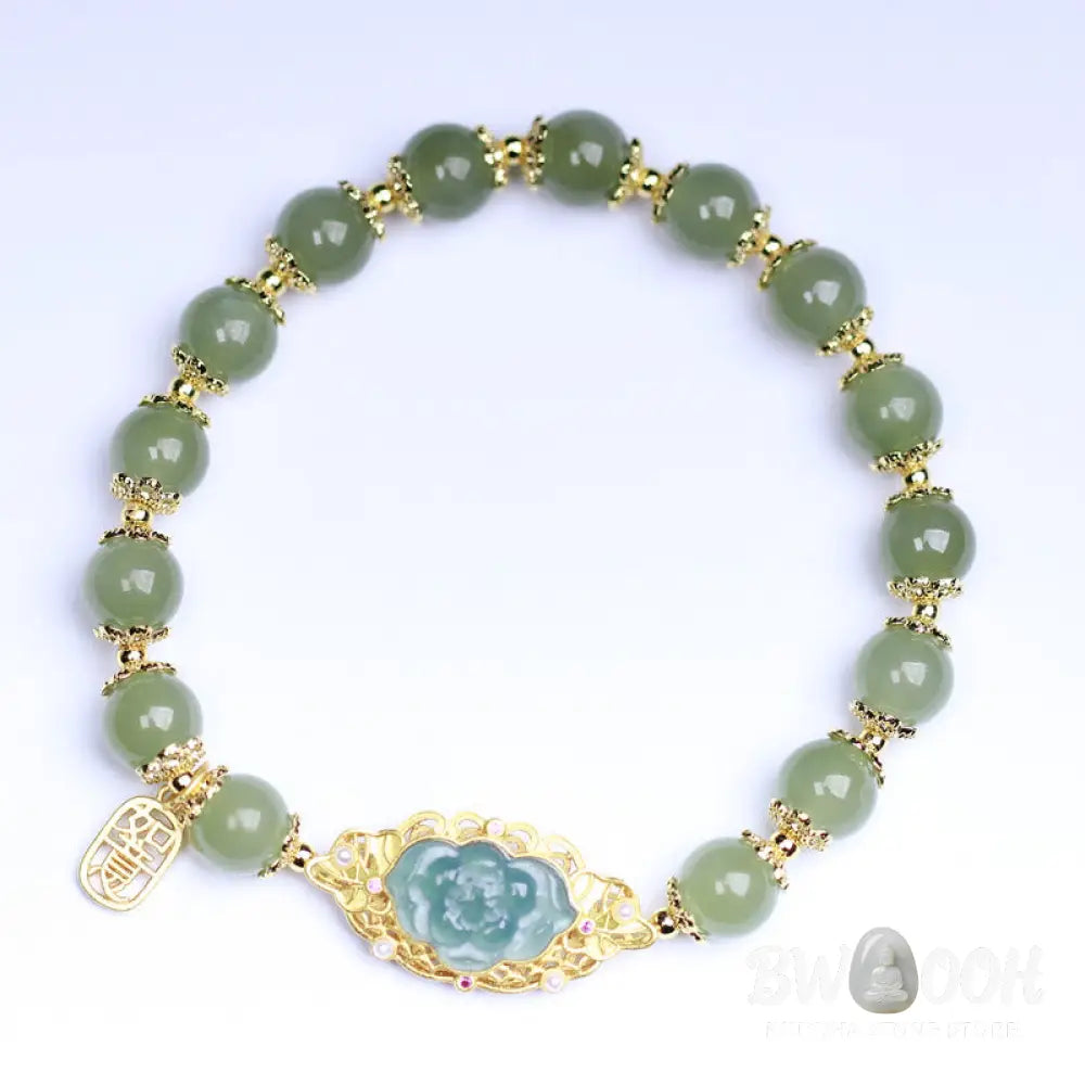 Buddha Stones 925 Sterling Silver Plated 14K Gold Hetian Jade Lotus Luck Bracelet - BWOOOH - Hetian