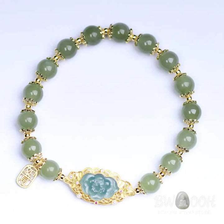 Buddha Stones 925 Sterling Silver Plated 14K Gold Hetian Jade Lotus Luck Bracelet - BWOOOH - Hetian
