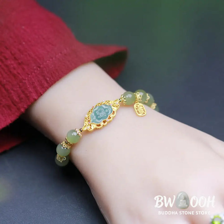Buddha Stones 925 Sterling Silver Plated 14K Gold Hetian Jade Lotus Luck Bracelet - BWOOOH - Hetian