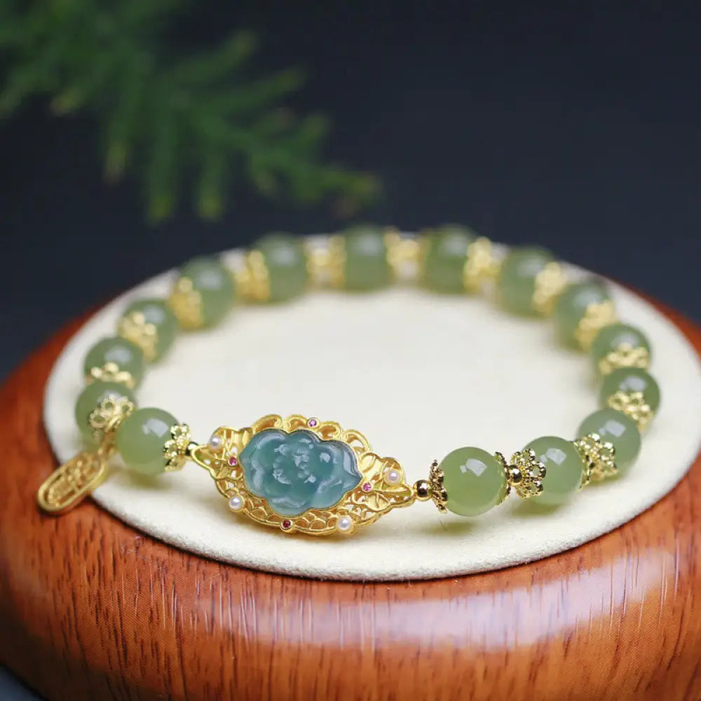 BWOOOH 925 Sterling Silver Plated 14K Gold Hetian Jade Lotus Luck Bracelet - BWOOOH - Hetian