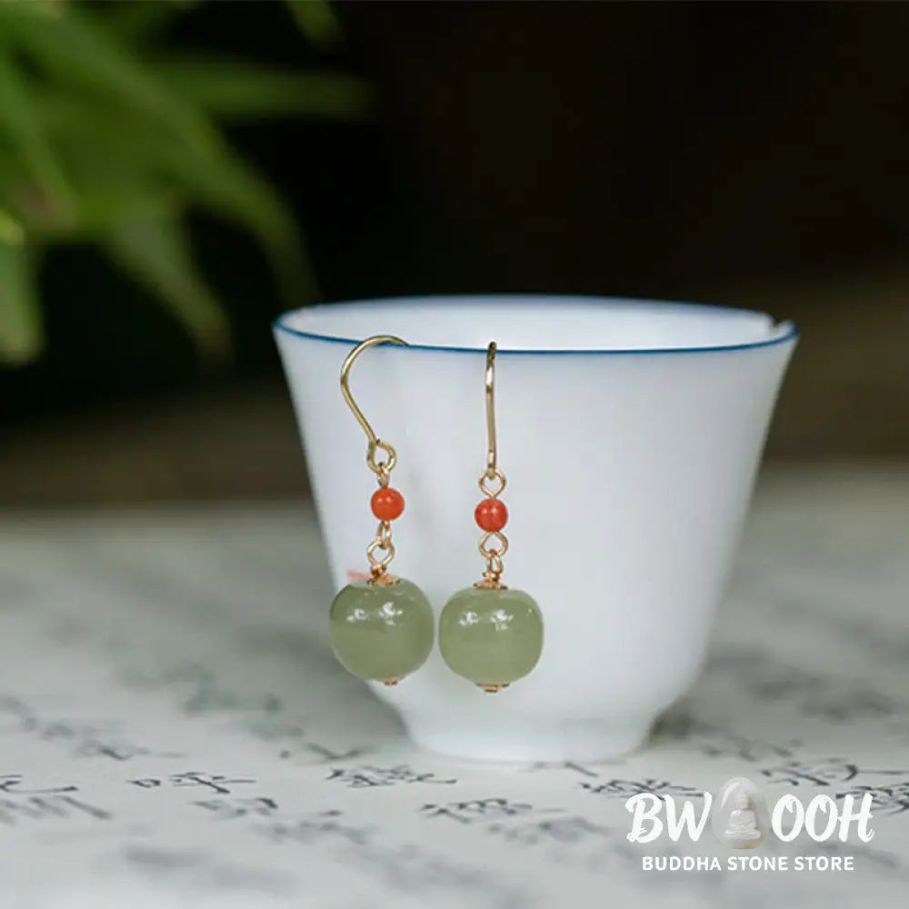 Buddha Stones 925 Sterling Silver Plated 14k Gold Hetian Jade Red Agate Luck Drop Dangle Earrings - Earrings