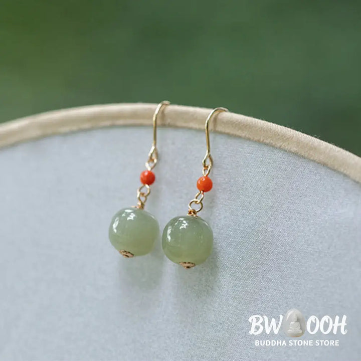 Buddha Stones 925 Sterling Silver Plated 14k Gold Hetian Jade Red Agate Luck Drop Dangle Earrings - Earrings