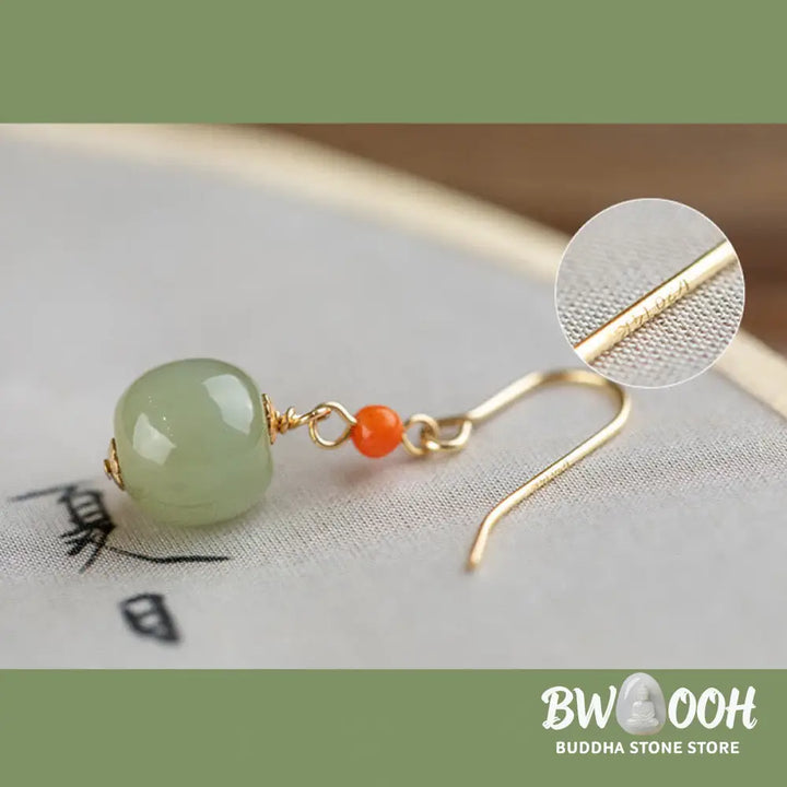 Buddha Stones 925 Sterling Silver Plated 14k Gold Hetian Jade Red Agate Luck Drop Dangle Earrings - Earrings